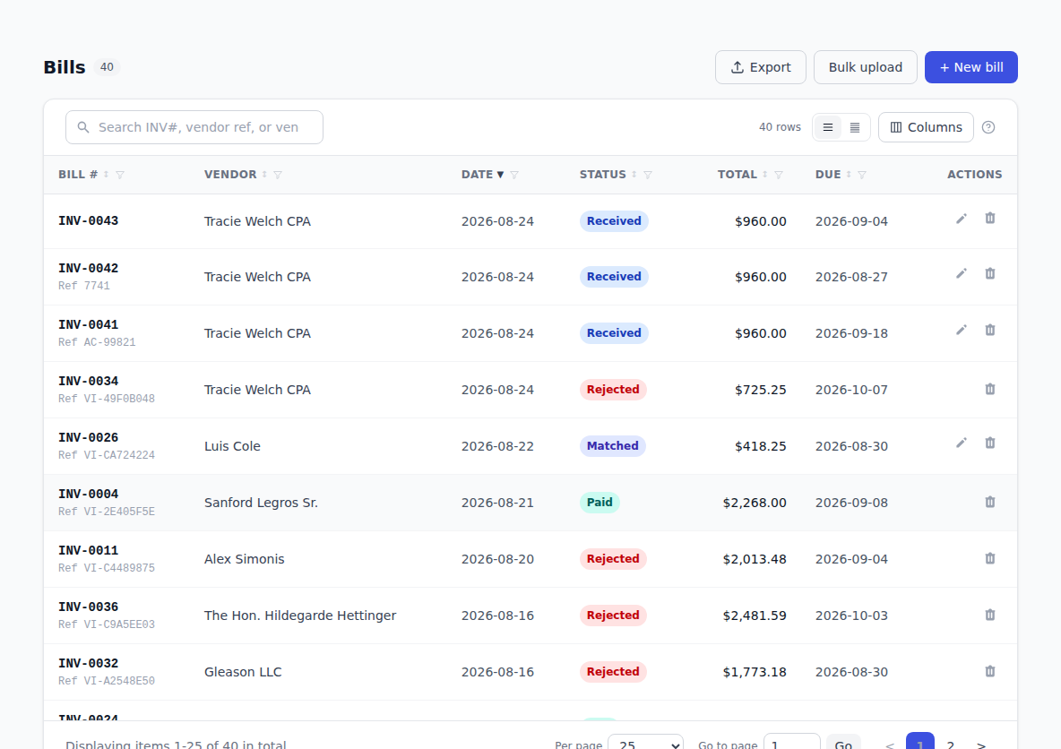 The Bills list, showing each bill's number, vendor, due date, status, and amount.