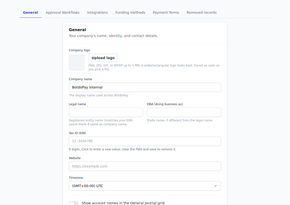 The company General settings page, with boxes for the company name, legal name, DBA, Tax ID and website.