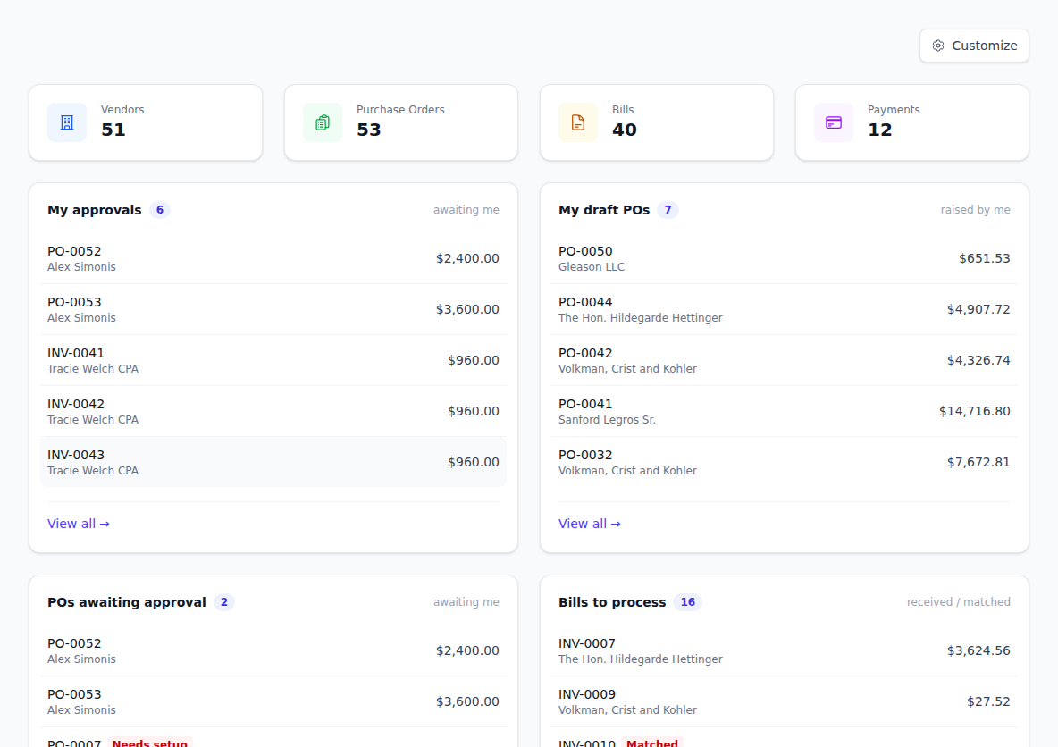 The BotDoPay dashboard, with count cards for Vendors, Purchase Orders, Bills and Payments across the top, and panels below for the approvals waiting on you, your draft purchase orders, and the bills still to process.