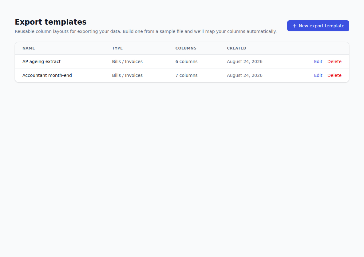 The Export Templates list, showing the saved templates that decide which columns come out and in what order.
