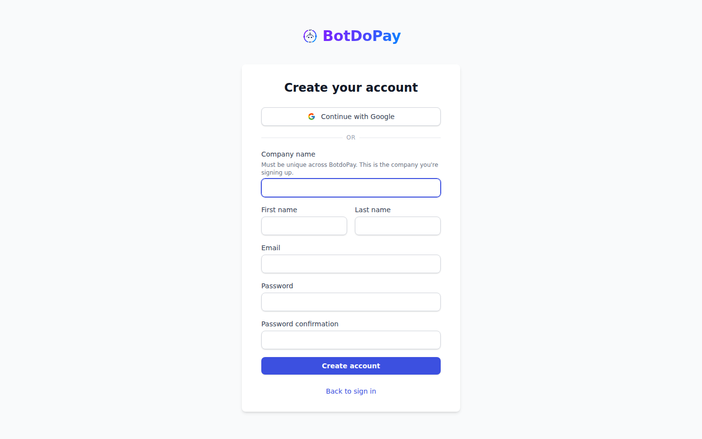 The sign-up screen, which starts with Company name and then asks for your first and last name, work email and a password, with a Continue with Google button as an alternative.