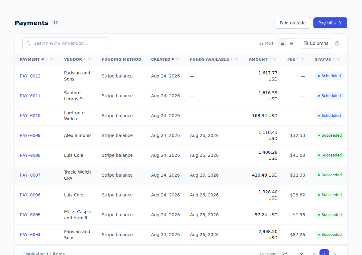 The Payments list, showing each payment's number, vendor, method, status, and amount.