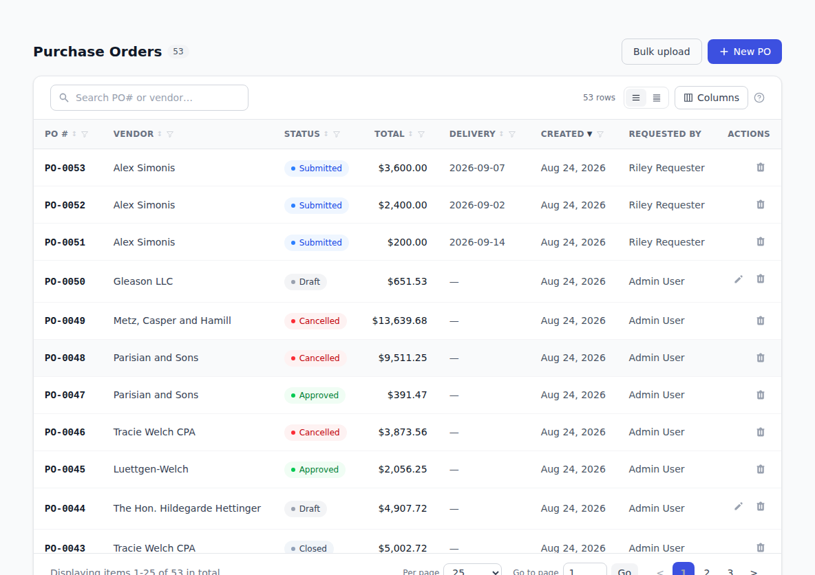 The Purchase Orders list, showing each order's number, vendor, status, and total.
