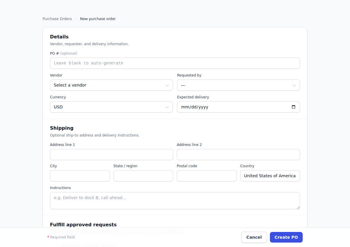 The New Purchase Order form, showing the Details section with the vendor, requester, currency and expected delivery fields, above the optional shipping address section.