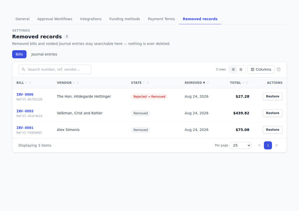 The Removed records screen, with separate tabs for removed bills and voided journal entries, each row offering a way to put it back.