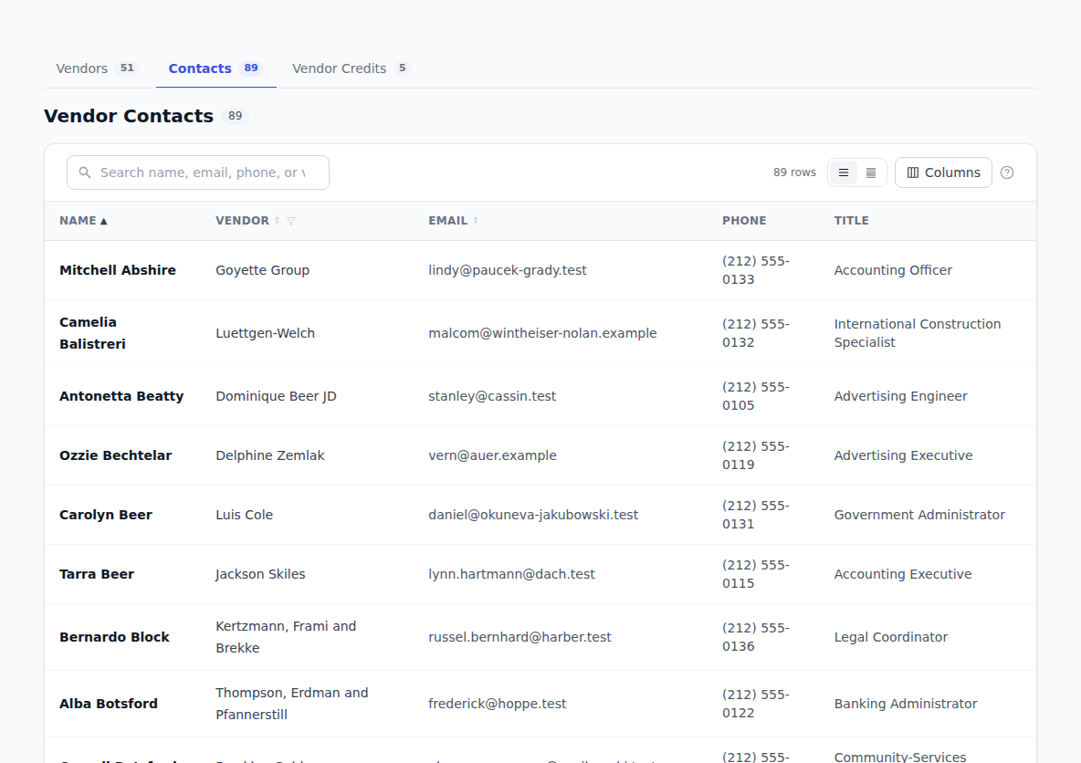 The Contacts directory, listing every contact from every vendor with their job title, email and phone number.