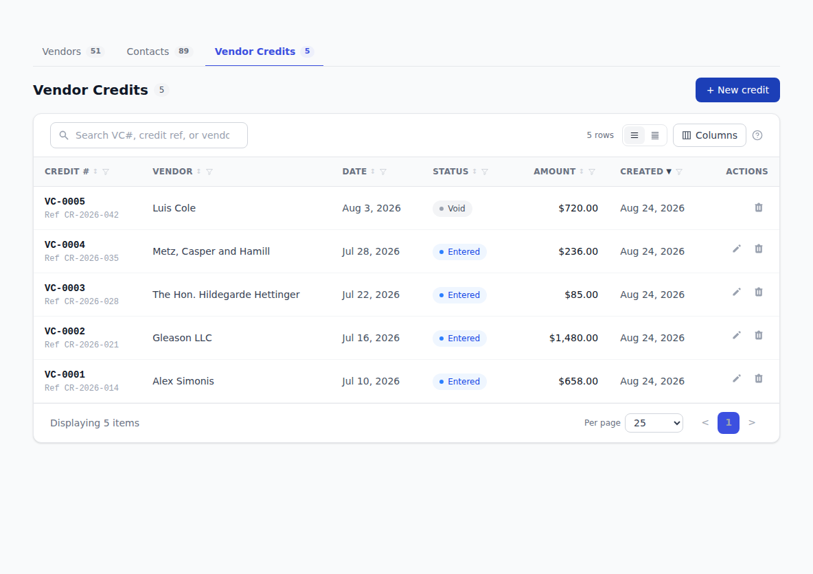 The Vendor Credits list, showing each credit's number, vendor, date, status and amount.