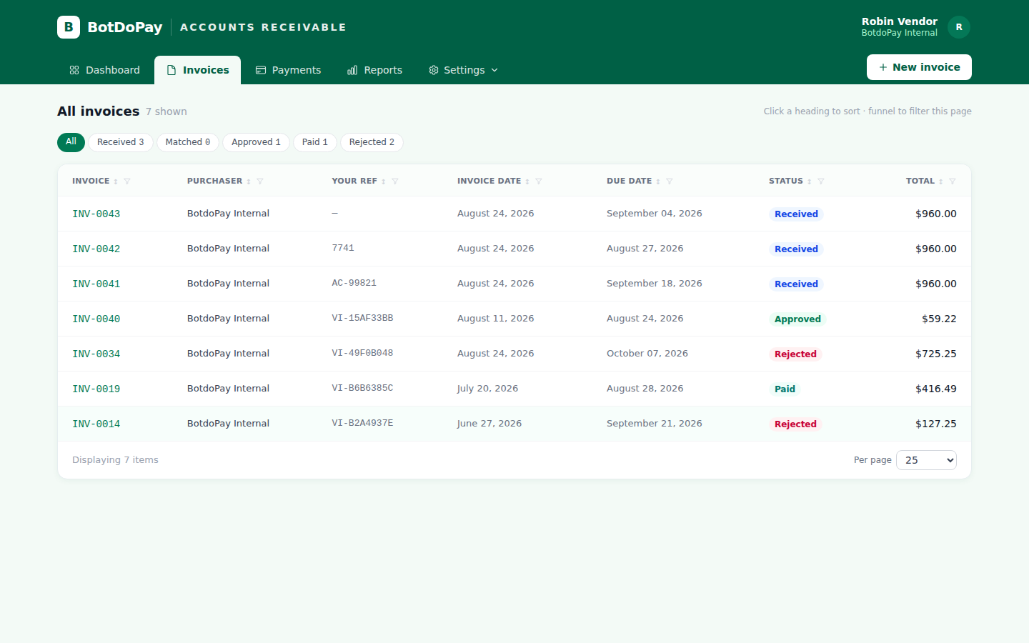 The green-topped Accounts Receivable portal a vendor signs in to, listing the invoices they have sent and the status of each.