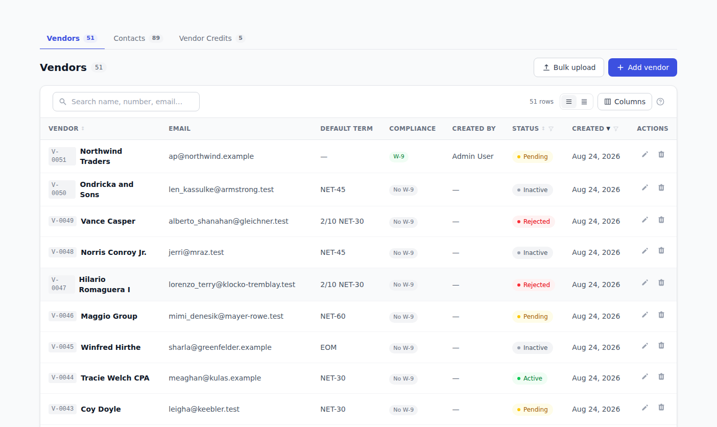 The Vendors list, with a search box above the table and the Bulk upload and Add vendor buttons in the top right.