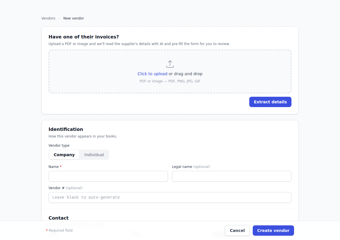 The New Vendor form, with an optional invoice upload that pre-fills the details, above the Identification section holding the vendor type, name, and legal name fields.