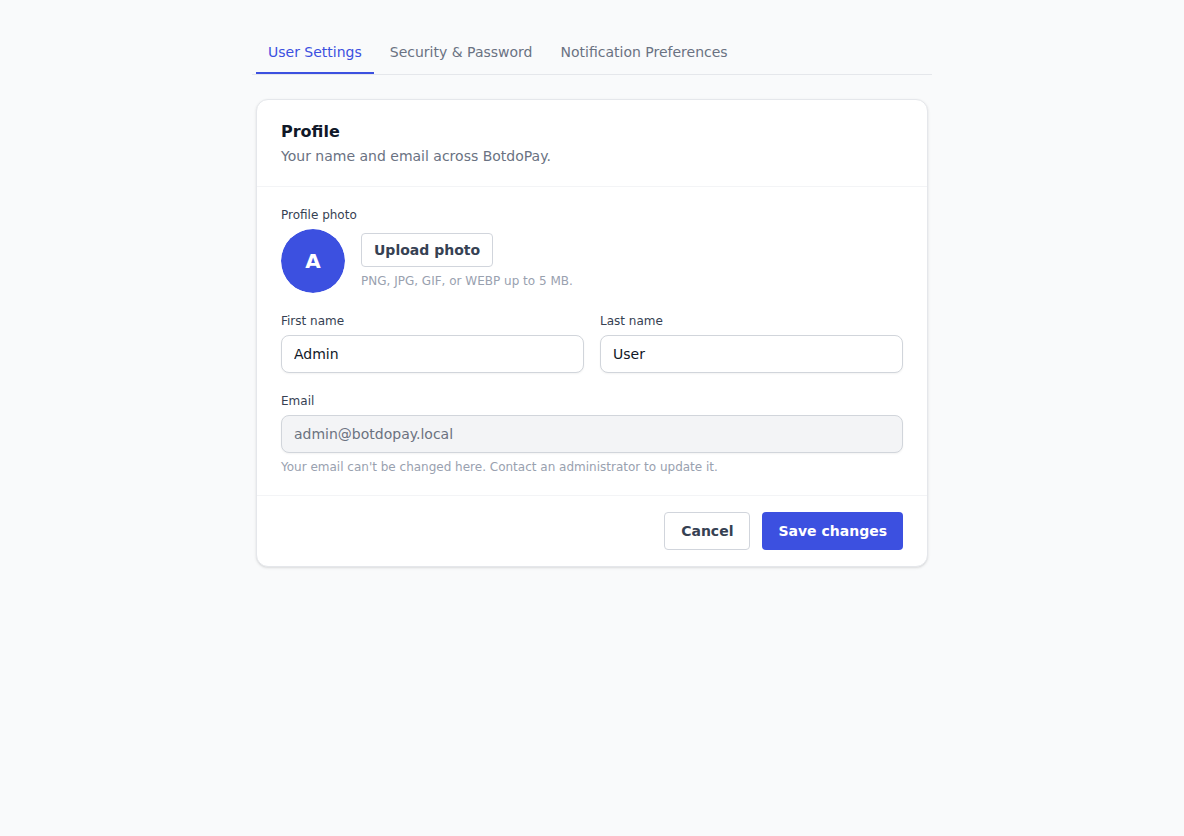 The personal profile settings page, with your first name, last name and profile photo, and your email address shown as a box you cannot change here.